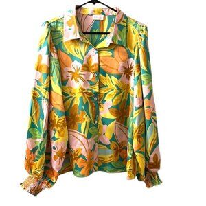 NWOT Pink Lily I've Been Waiting Multi Printed Satin Button Front Blouse Large